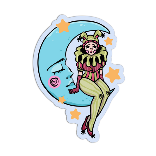 A die-cut vinyl sticker featuring a whimsical illustration of a woman in a pink and green clown costume sitting on a light blue crescent moon with a sleeping face, surrounded by orange stars, on a plain white background.