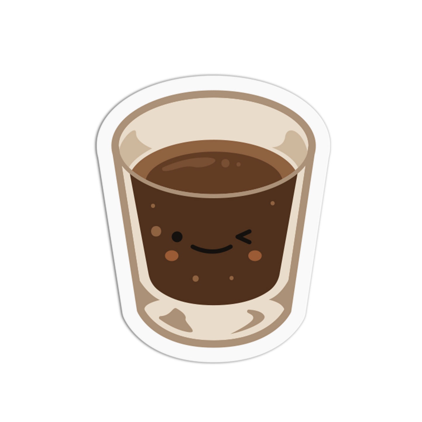 Cartoon-style shot glass with a face filled with chocolate liquid on a white background