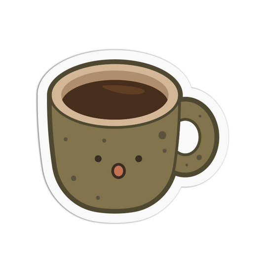 Cartoon coffee cup with a smiling face on a white background