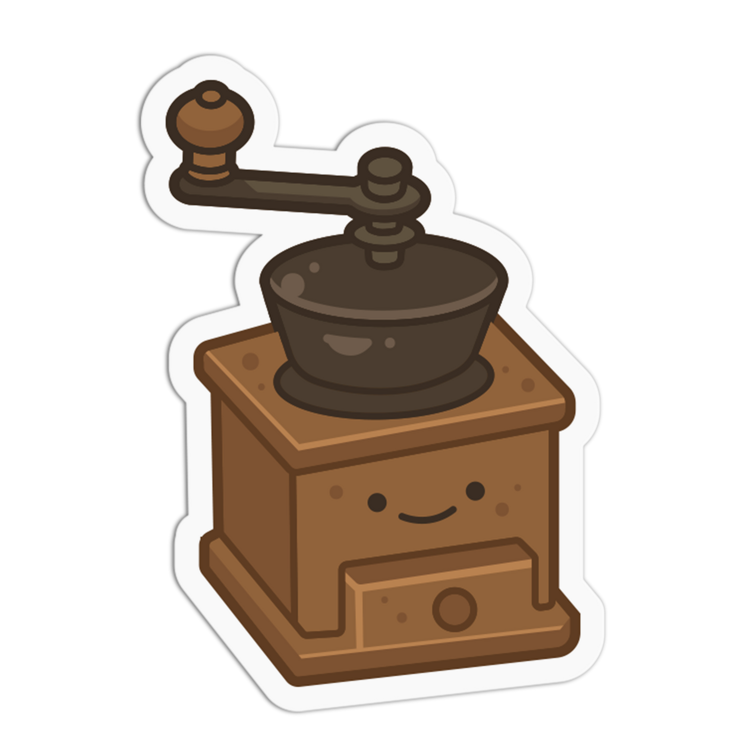 Cartoon-style coffee grinder with a smiling face on a white background