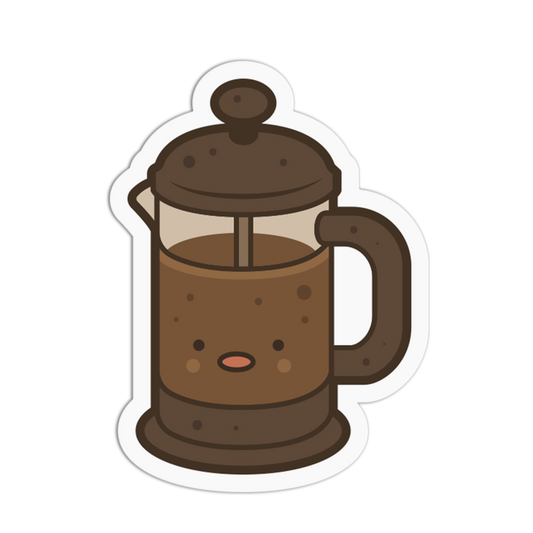 Cartoon-style French press with coffee on a white background
