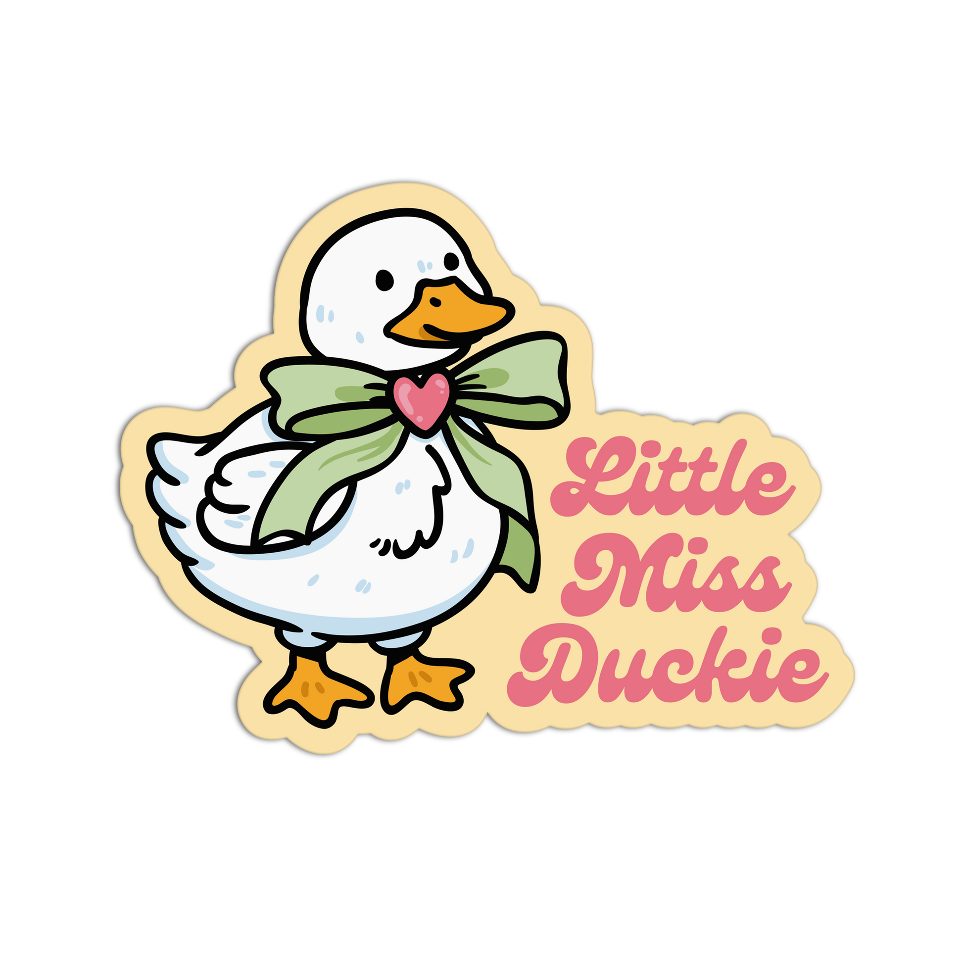 Cartoon duck with a bow and 'Little Miss Duckie' text on a white background