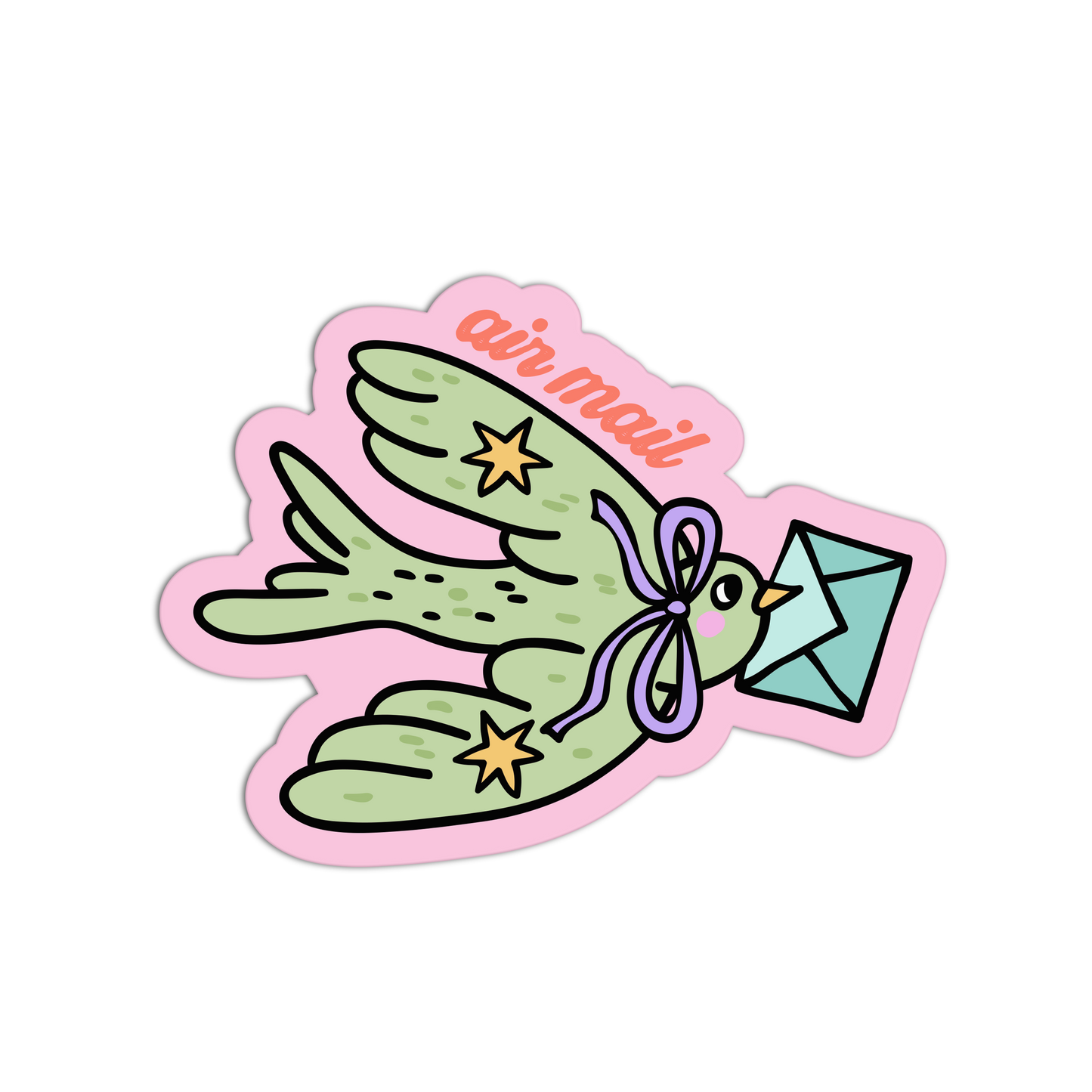 Sticker of a green bird with a blue envelope and 'air mail' text on a pink border.