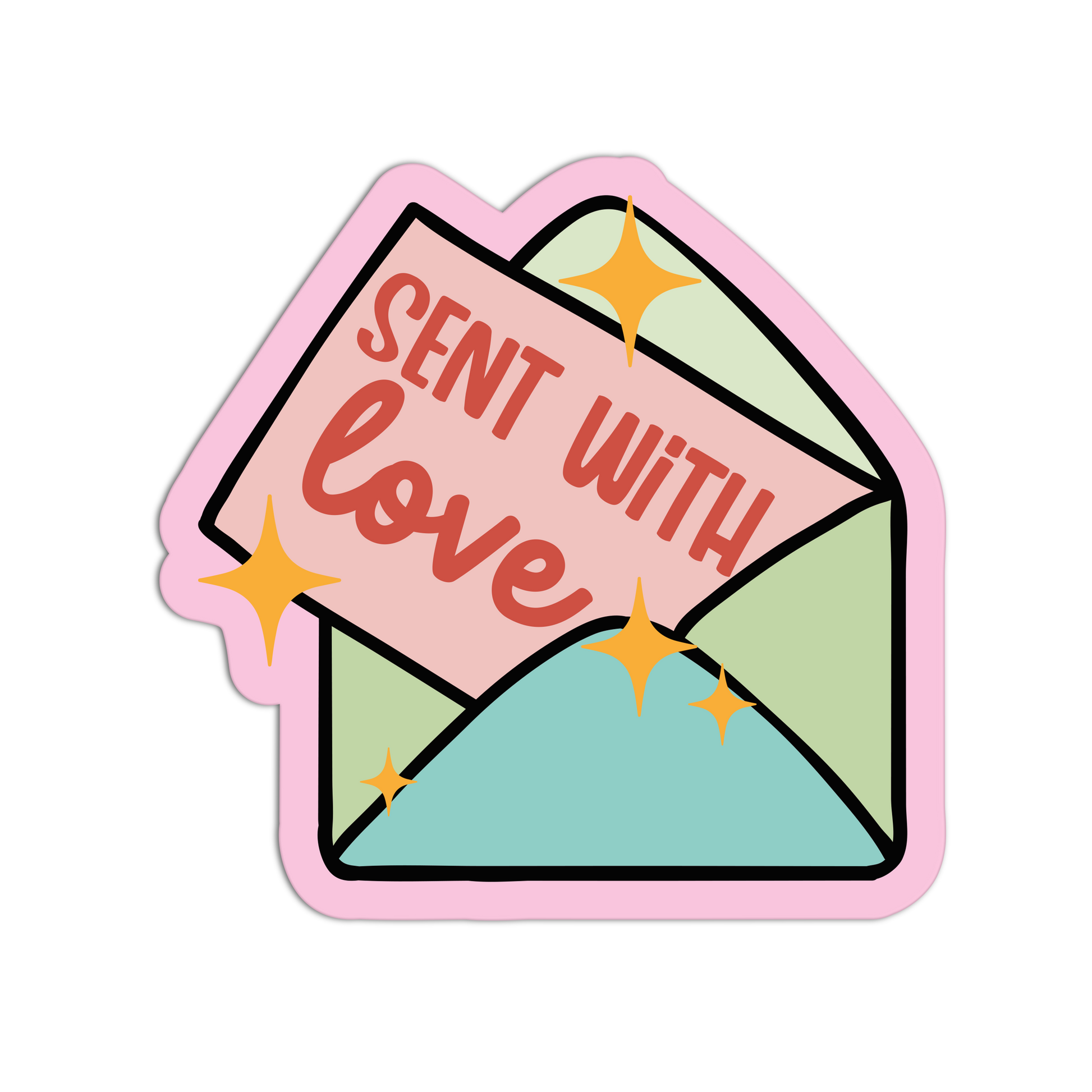 Sticker with 'Sent with Love' text inside a stylized envelope on a white background