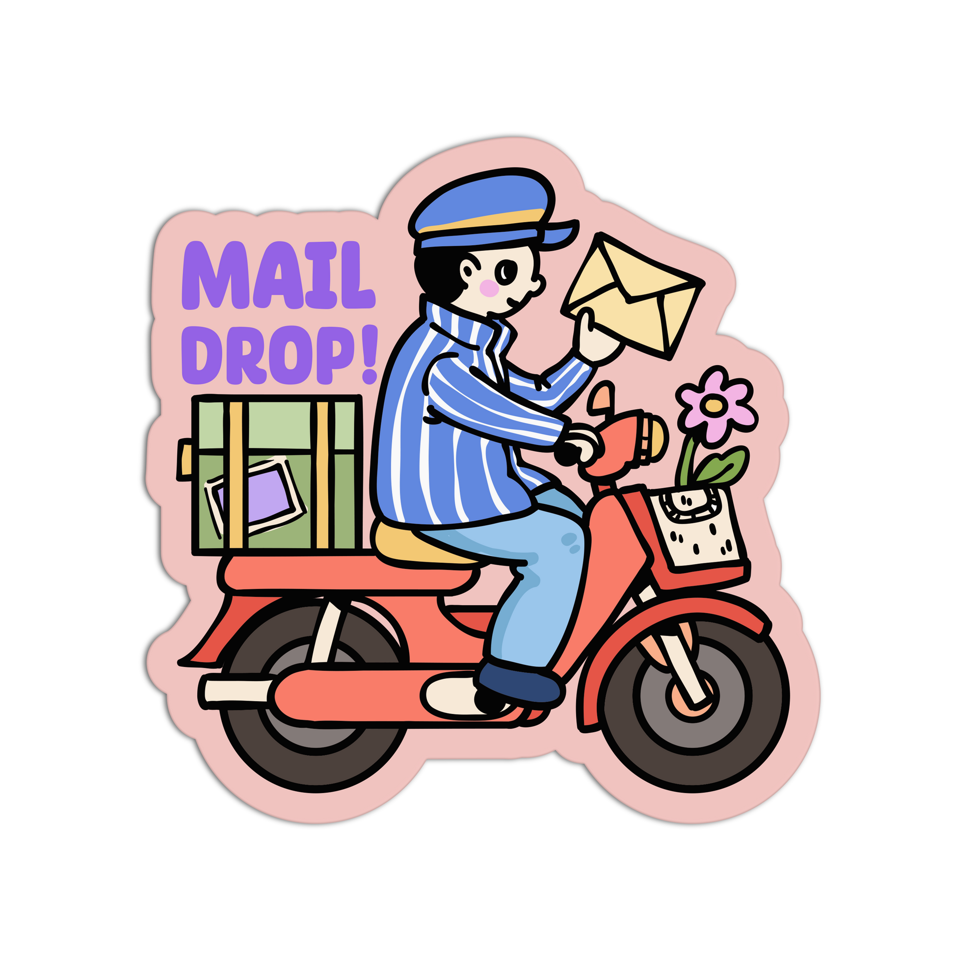 Illustration of a mail carrier on a scooter with 'MAIL DROP!' text