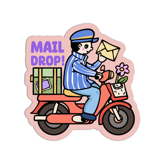 Illustration of a mail carrier on a scooter with 'MAIL DROP!' text