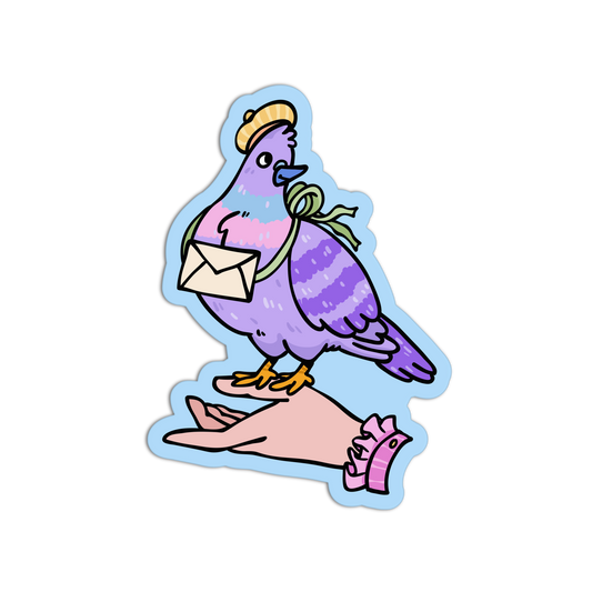 Colorful sticker of a pigeon holding an envelope on a hand with a decorative bracelet.