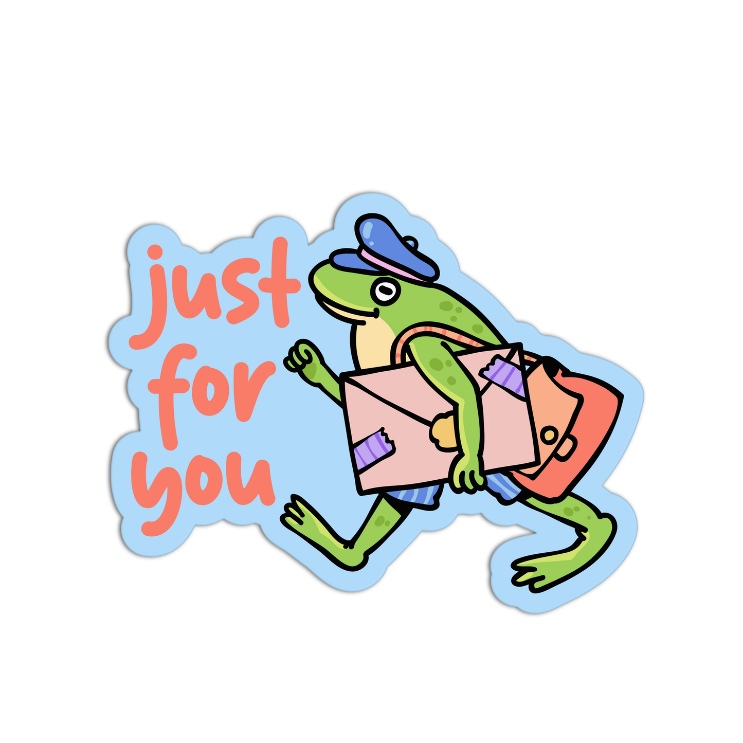 Cartoon frog with a hat and suitcase carrying a box, with 'just for you' text on a white background.