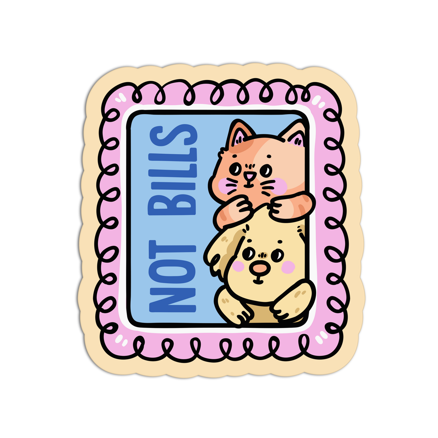 Sticker with cartoon cats and 'NOT BILLS' text on a pink border