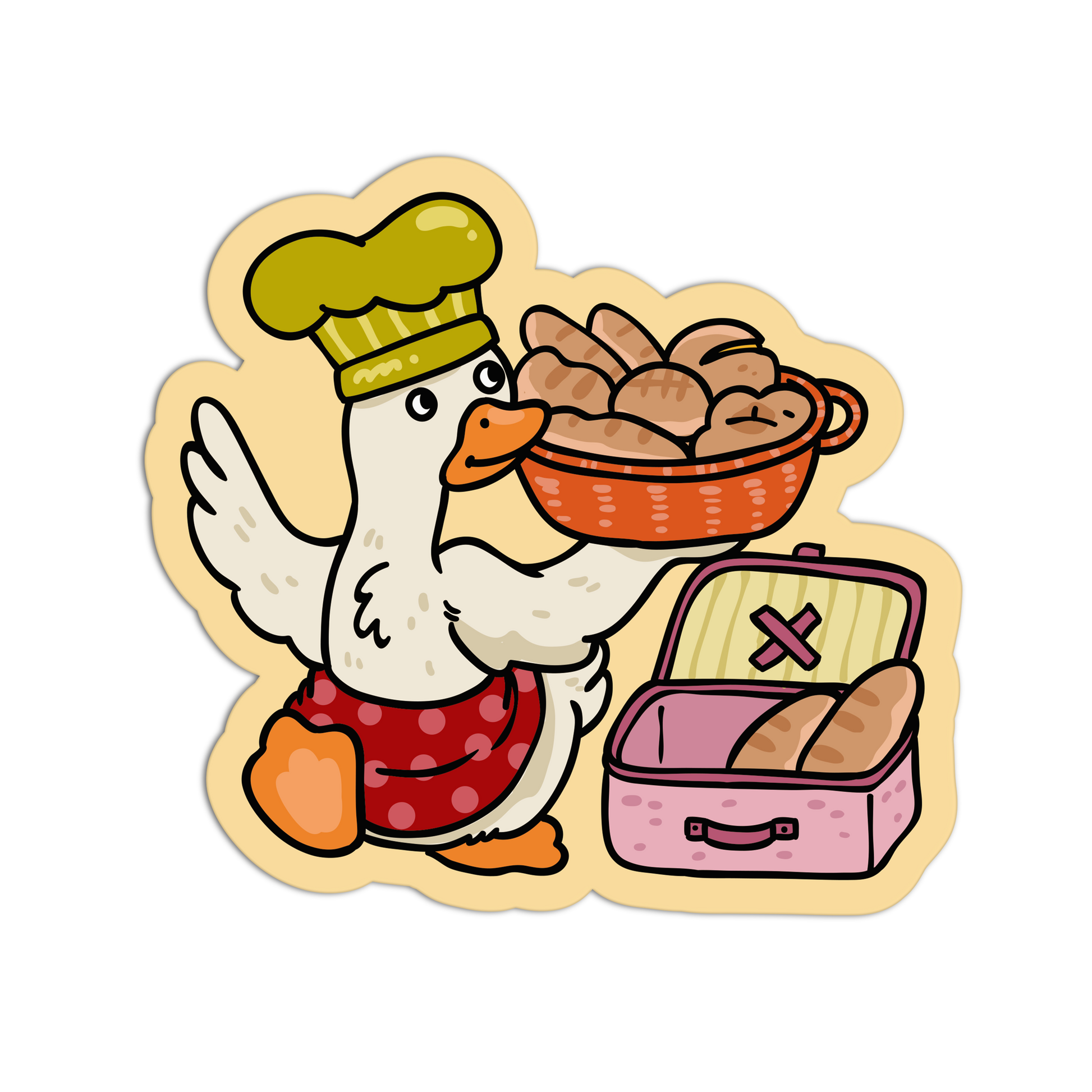 Cartoon duck chef with a basket of bread and a suitcase on a transparent background