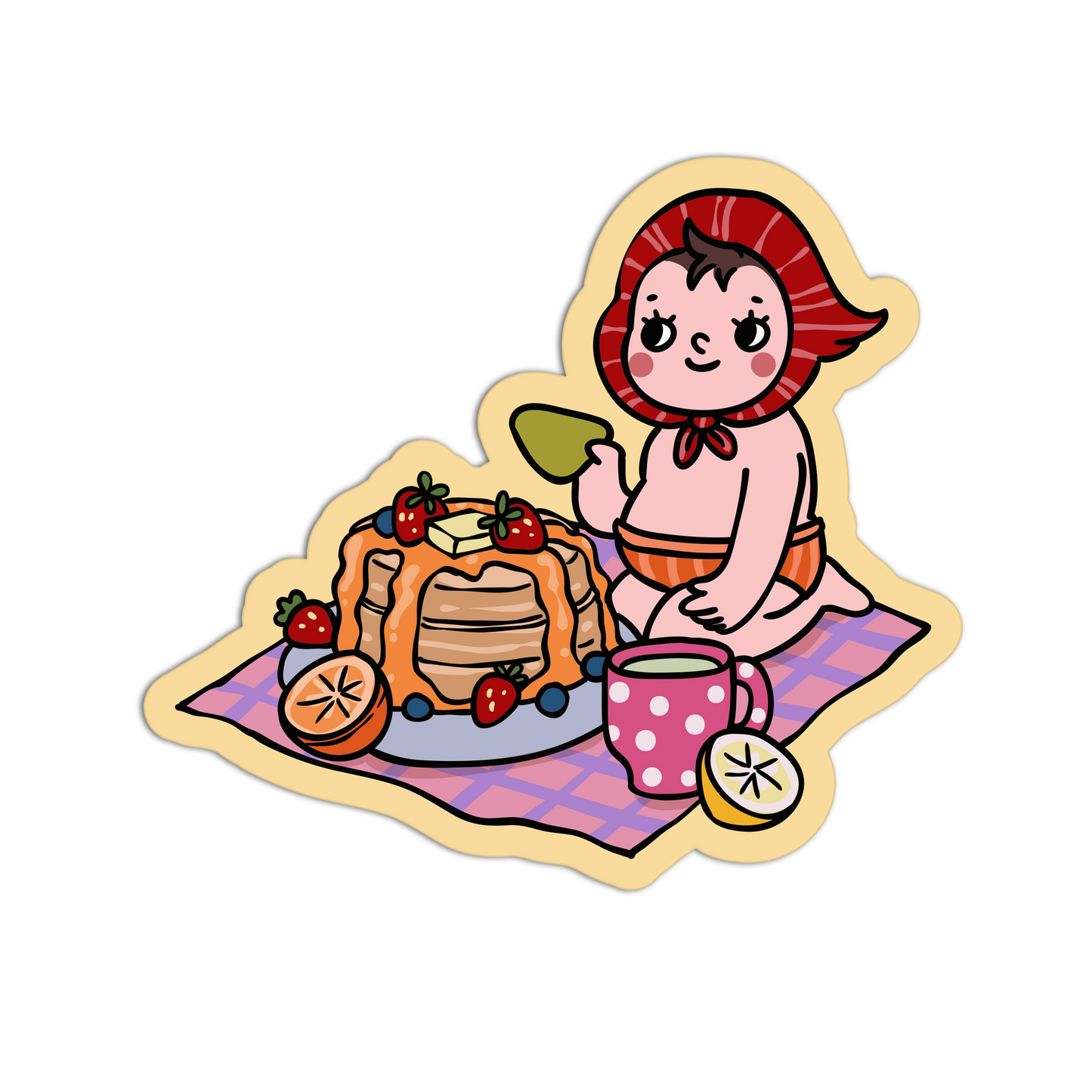 Illustration of a child in a red hood with a picnic setup on a transparent background