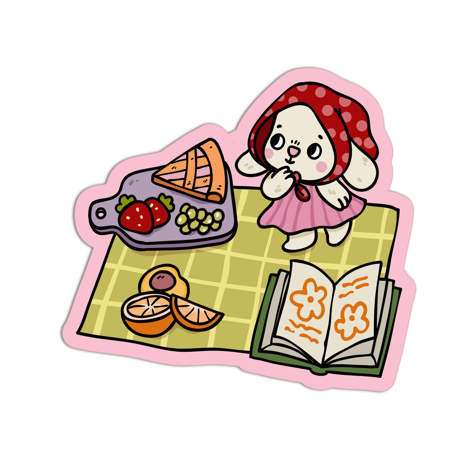 Illustration of a girl in a red hood with food and a book on a checkered tablecloth.