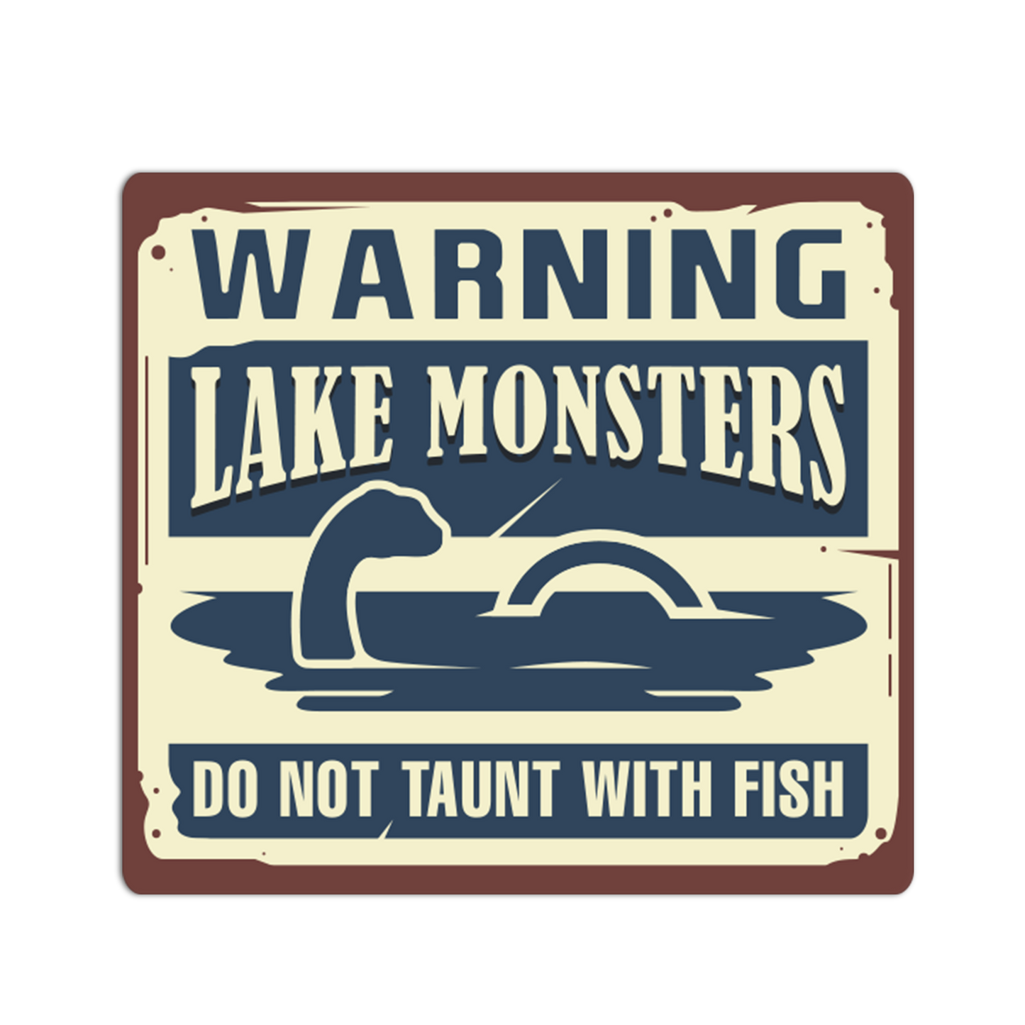 Vintage-style sign with a lake monster design and text on a white background