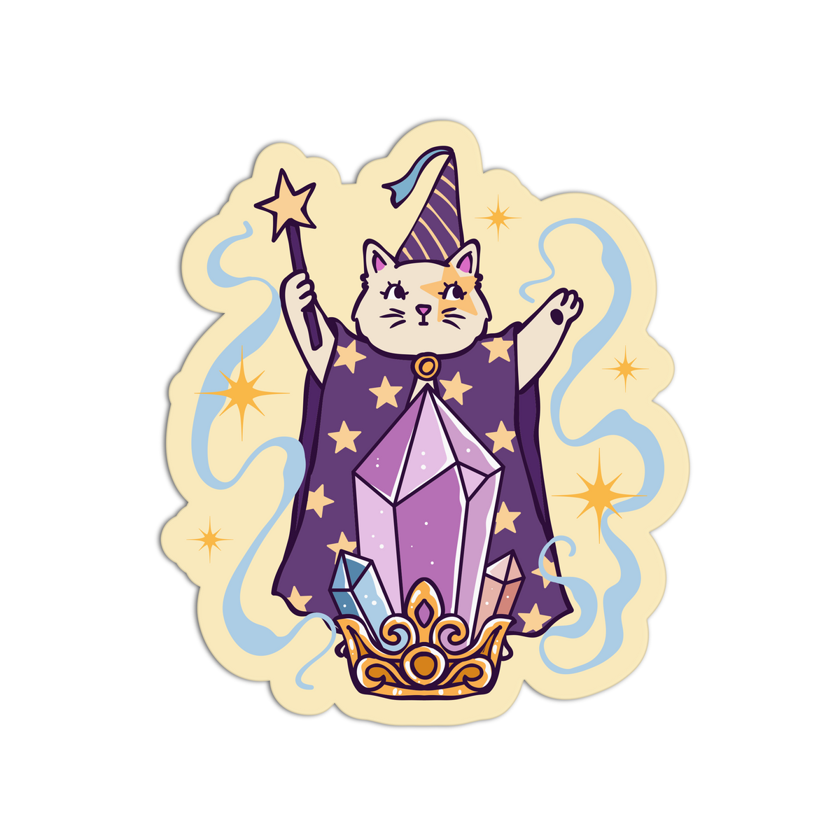 A die-cut sticker featuring a cartoon white cat dressed as a wizard, holding a star wand and surrounded by a large purple crystal, on a light cream background with blue swirls and gold stars.