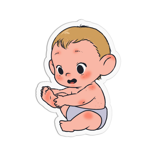 A cartoon-style die-cut sticker of a baby with blond hair, rosy cheeks, and a red rash, shown on a plain white background.
