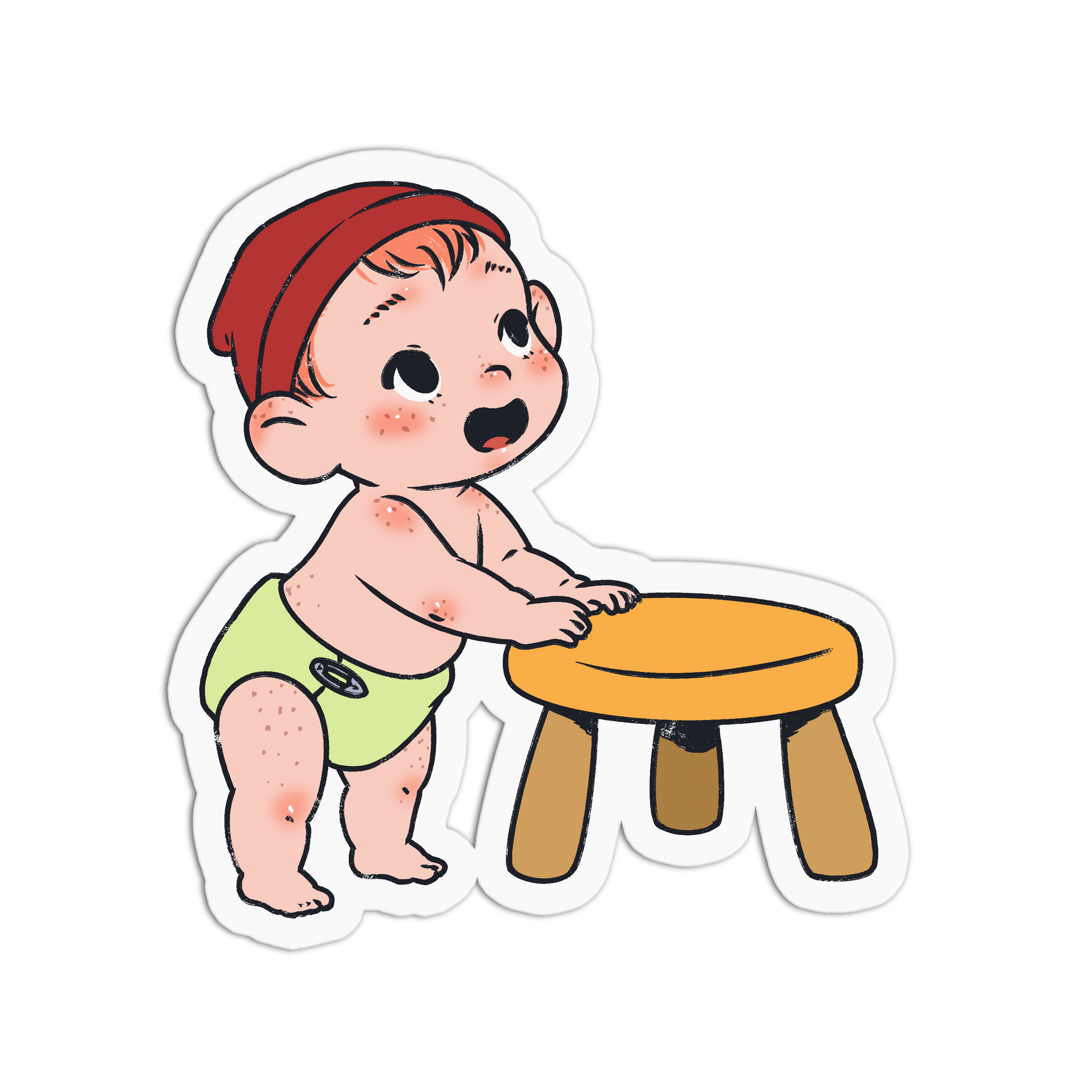 A cartoon sticker of a baby with red cheeks and spots, wearing a red beanie and a light green diaper, standing next to a small orange stool on a white background.