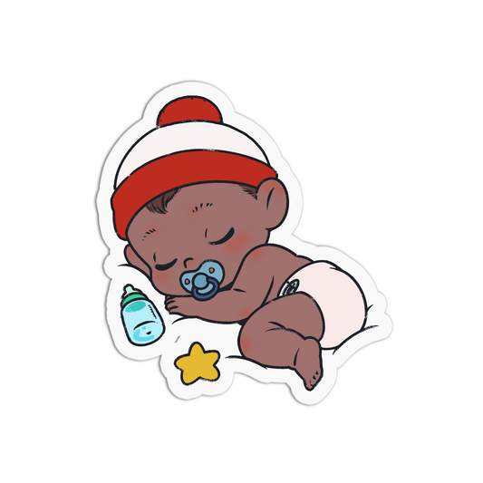 A cartoon die-cut sticker of a sleeping baby wearing a red and white beanie, with a blue pacifier, a baby bottle, and a yellow star on a white background.