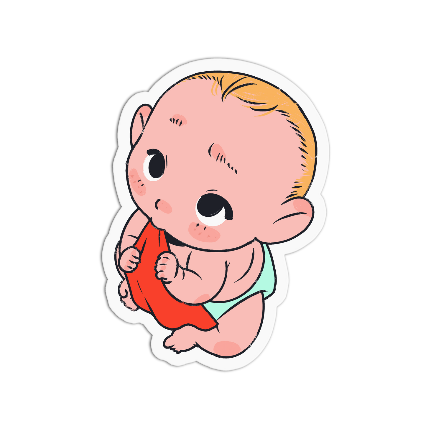 A die-cut sticker featuring a cute cartoon baby with blond hair, holding a red object, wearing a mint green diaper, on a plain white background.