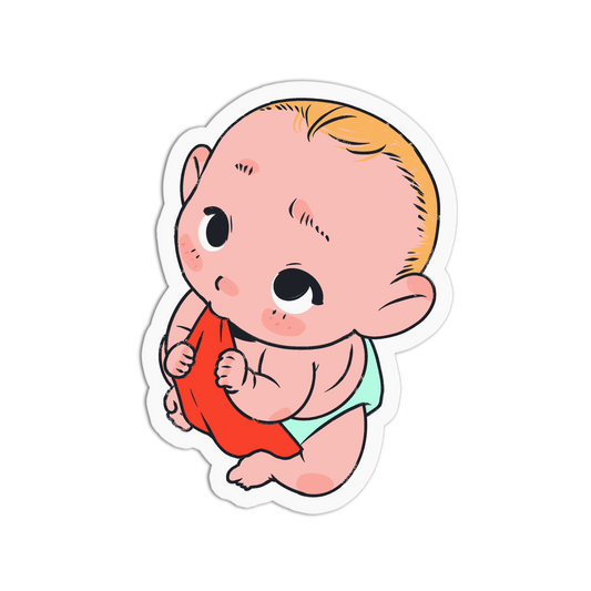 A die-cut sticker featuring a cute cartoon baby with blond hair, holding a red object, wearing a mint green diaper, on a plain white background.