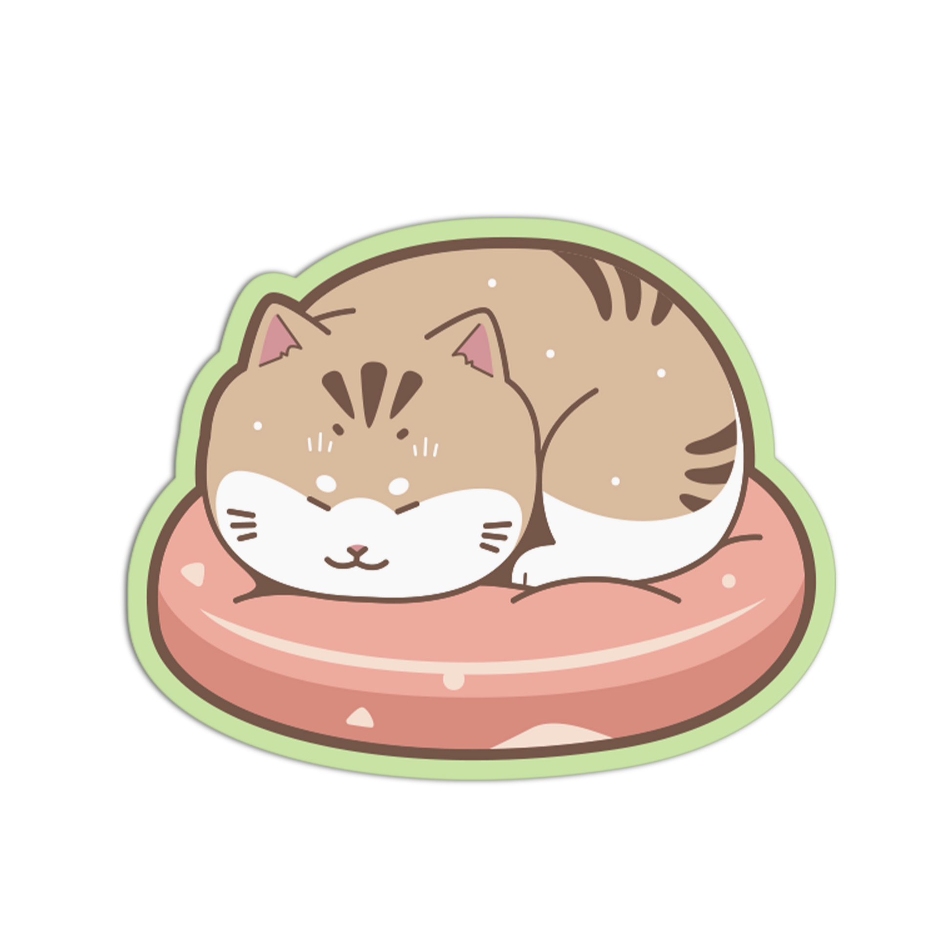 Sticker of a cat on a pink cushion with a white background