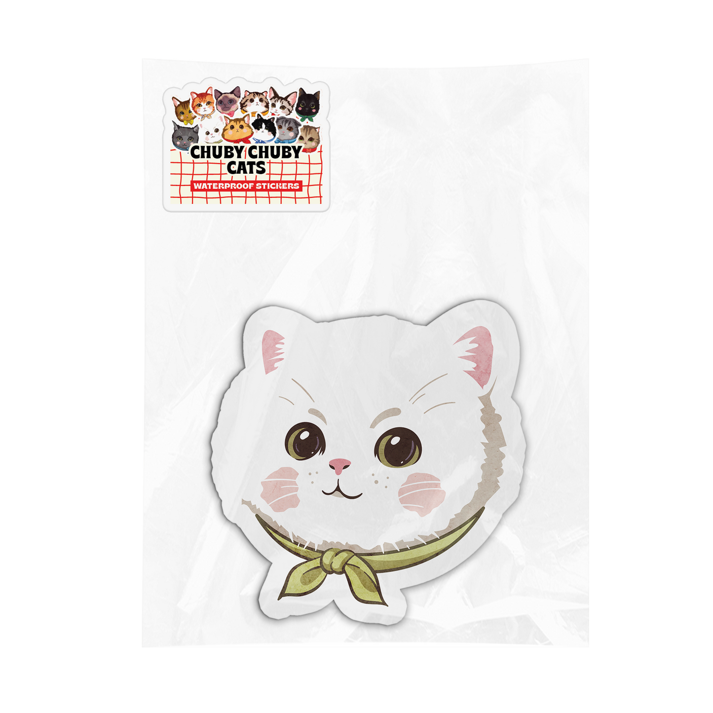 White Cat with Green Scarf - Chuby Chuby Cats Sticker