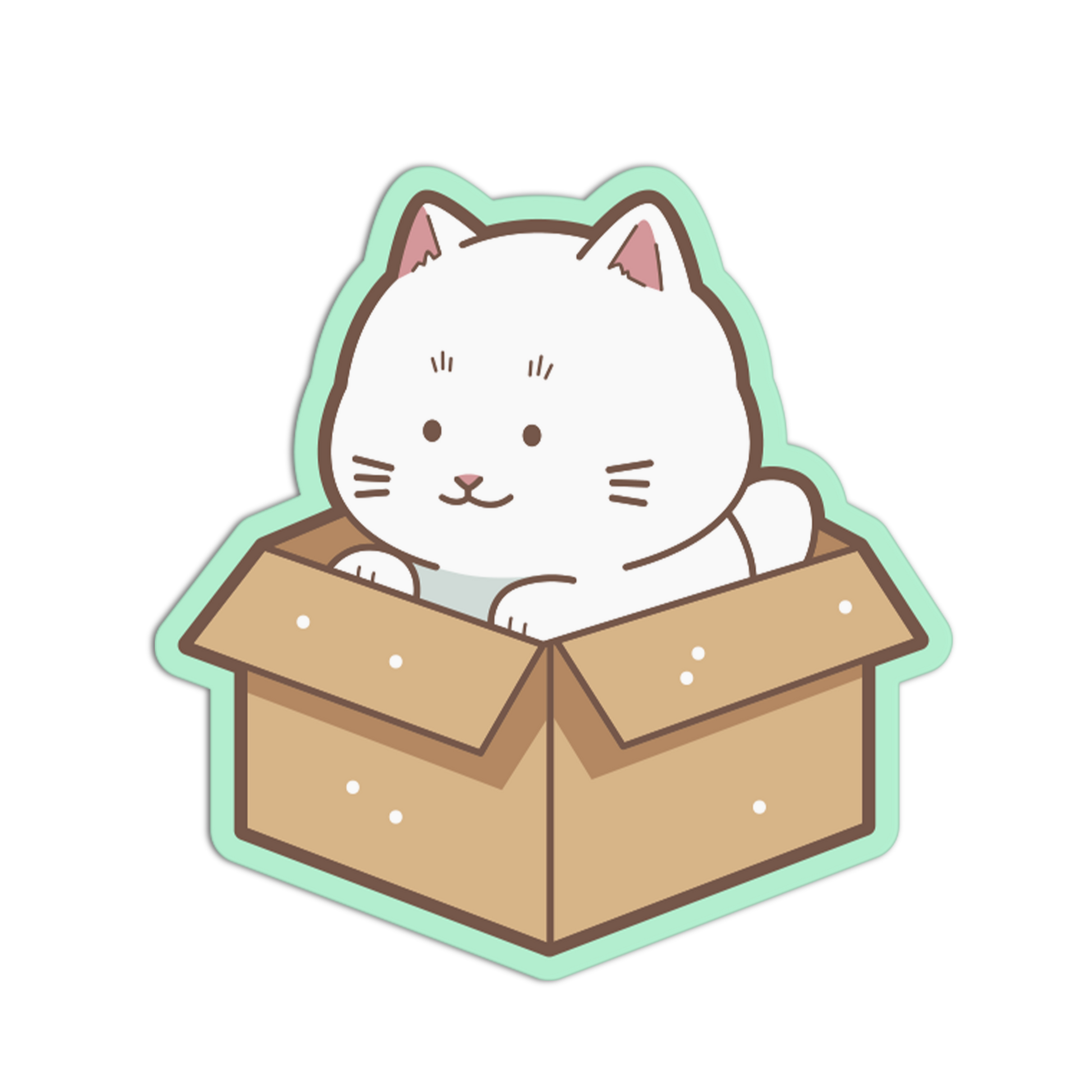 Illustration of a white cat sitting inside a cardboard box on a white background