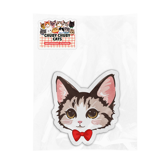 Brown and White Cat with Red Bowtie - Chuby Chuby Cats Sticker