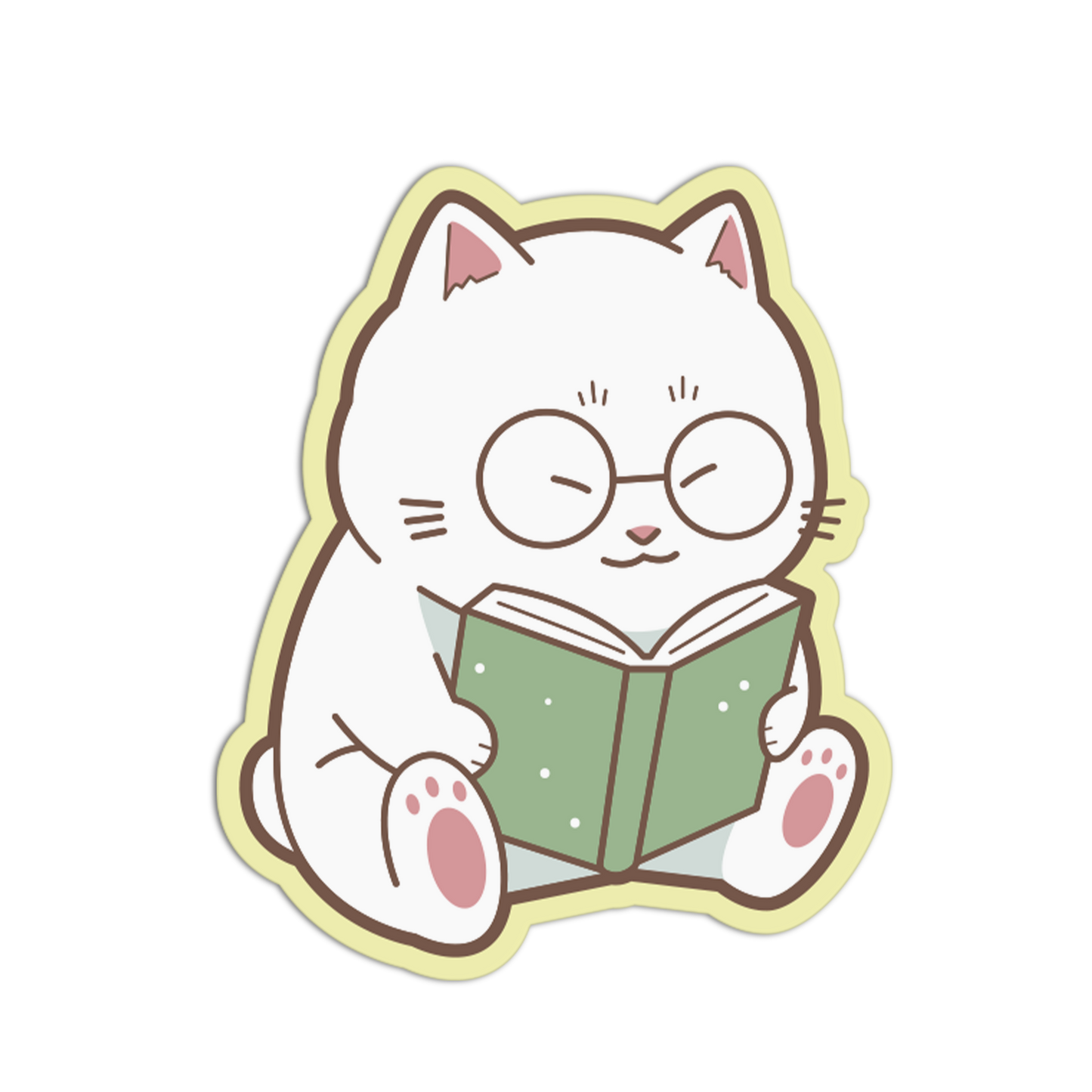 Illustration of a cat reading a book with a green cover on a white background