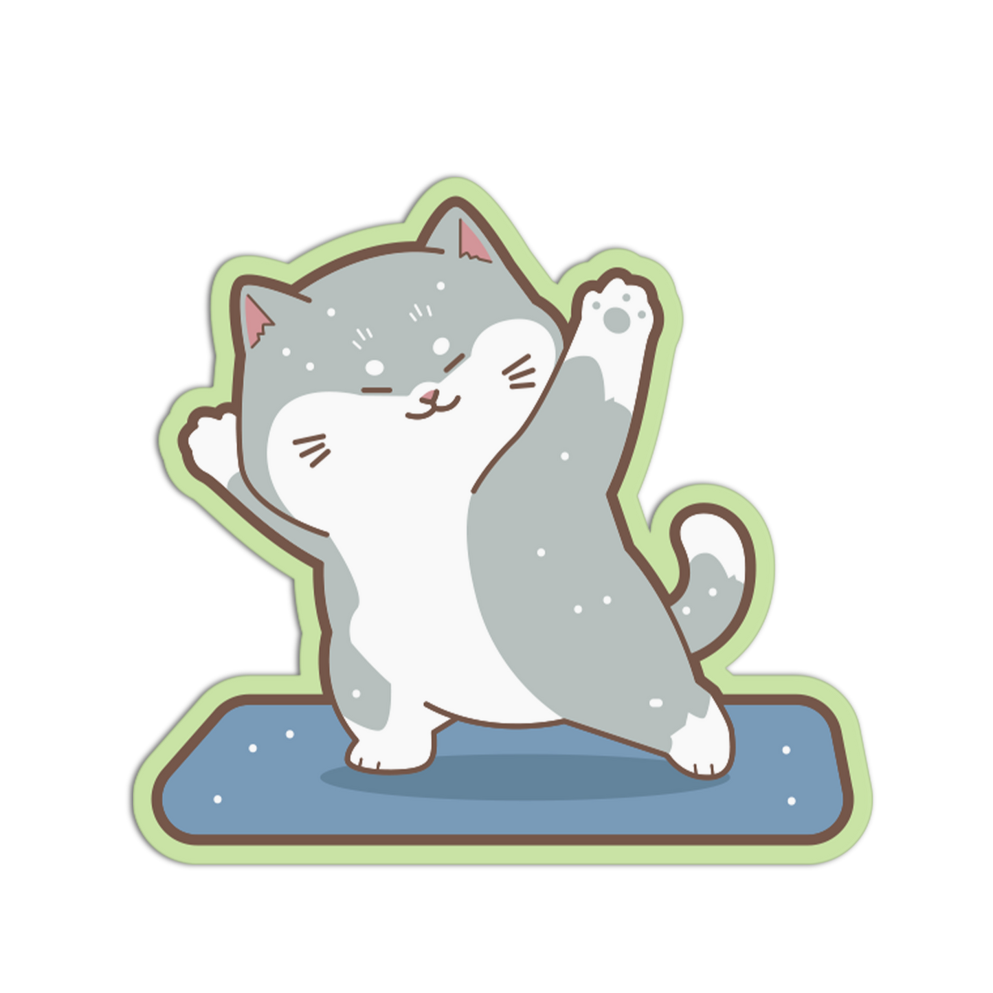 Cartoon cat doing yoga on a blue mat with a white background