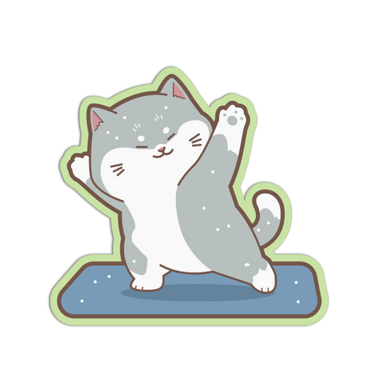 Cartoon cat doing yoga on a blue mat with a white background