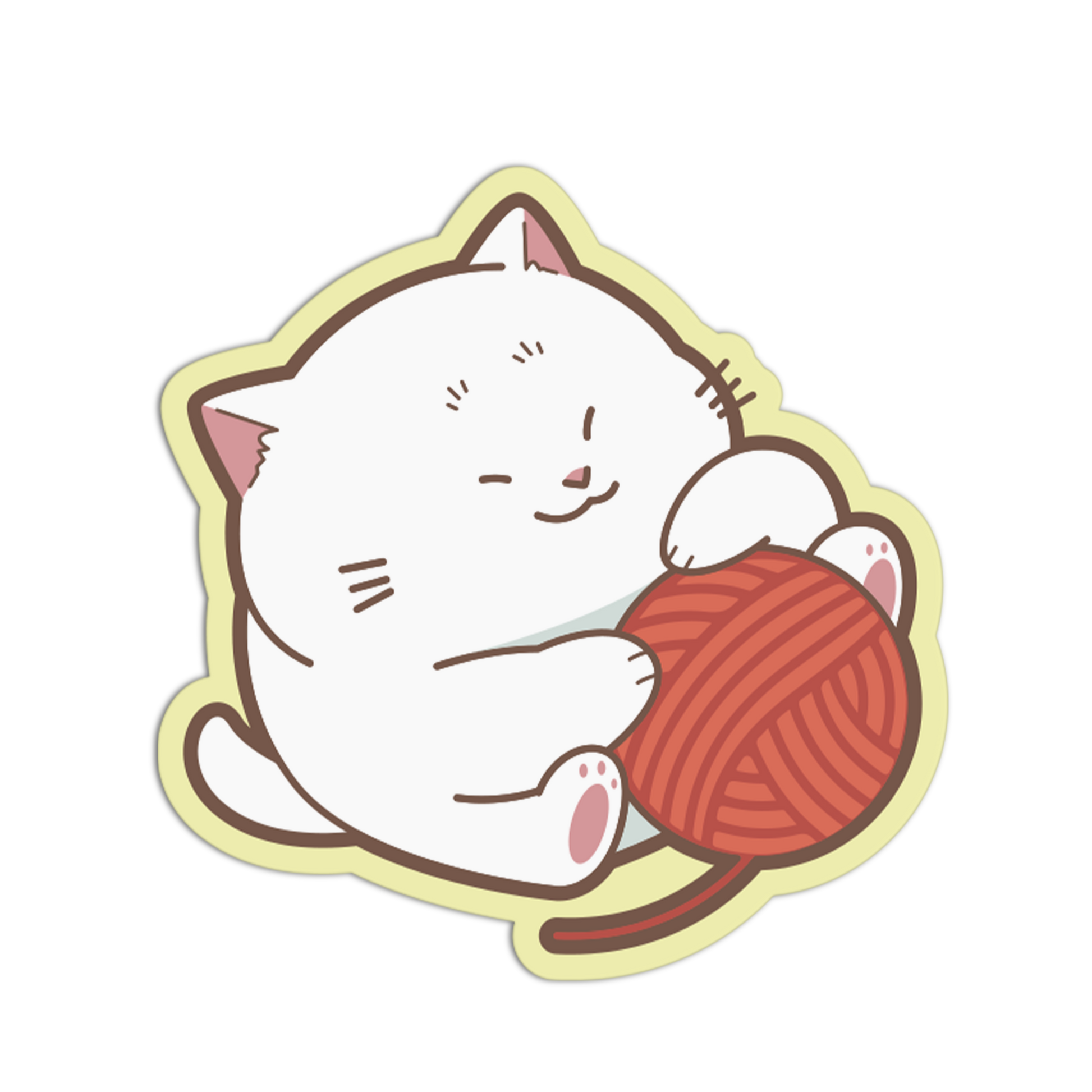 Illustration of a white cat holding a red ball of yarn on a white background