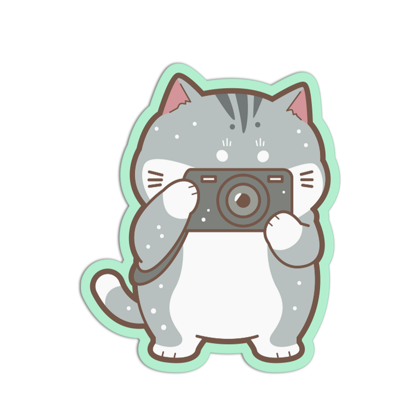 Sticker of a cat holding a camera on a white background