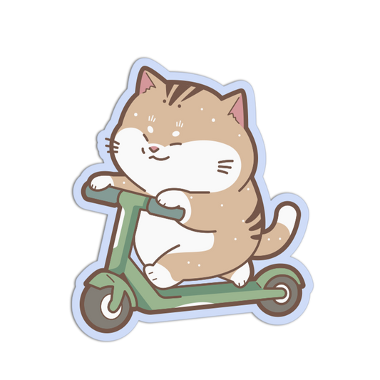 Cartoon cat riding a scooter on a white background
