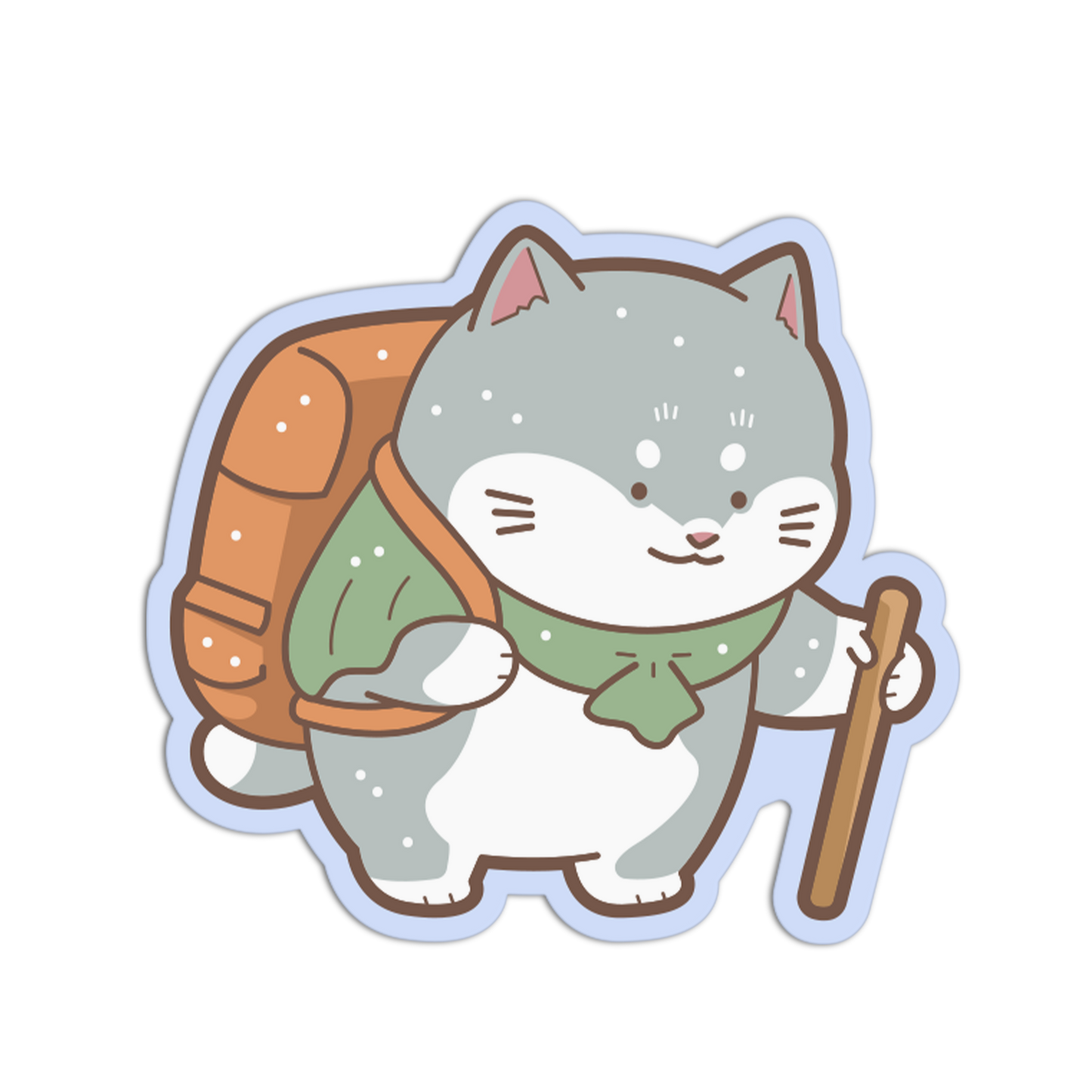 Illustration of a cat with a backpack and walking stick on a white background