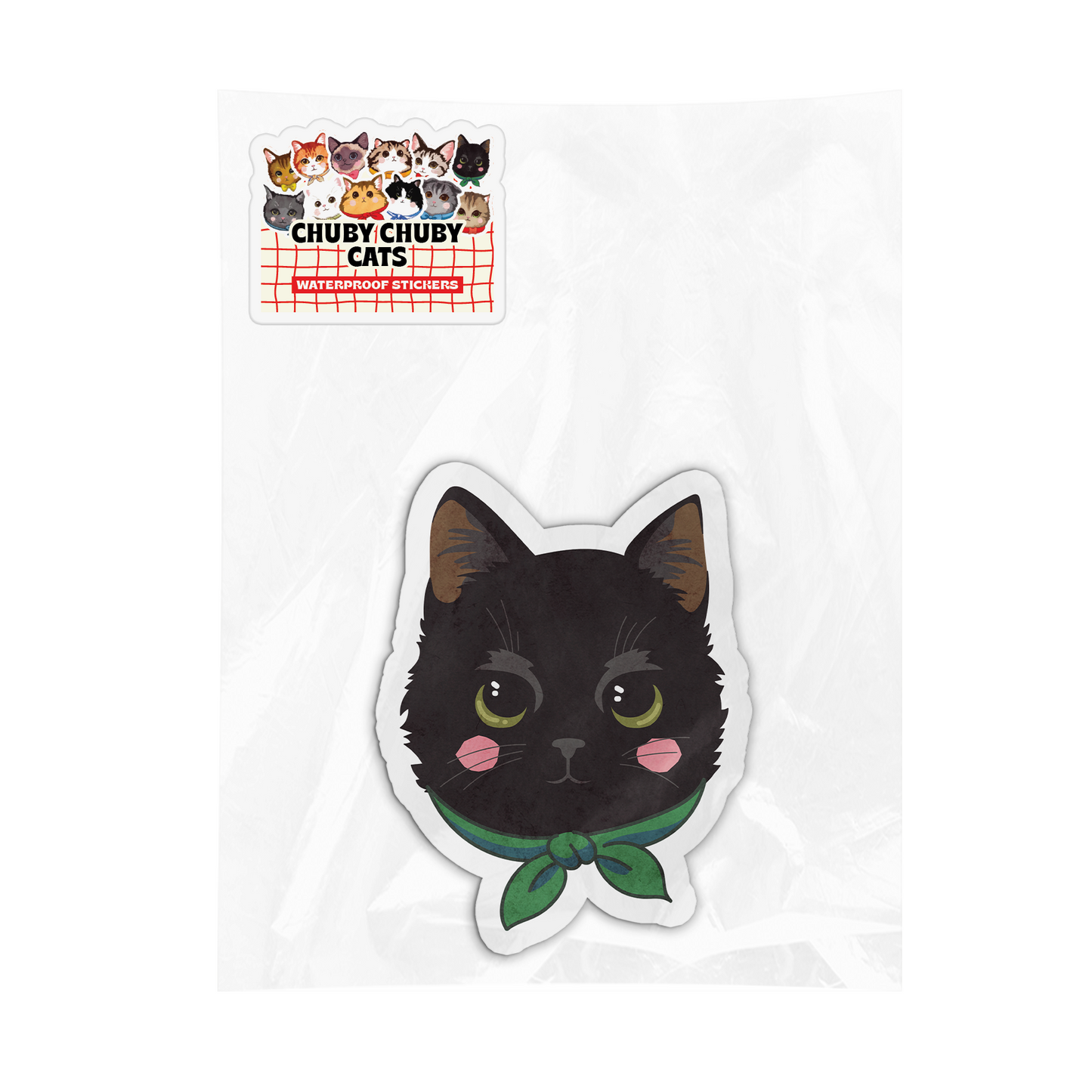 Black Cat with Green Scarf - Chuby Chuby Cats Sticker
