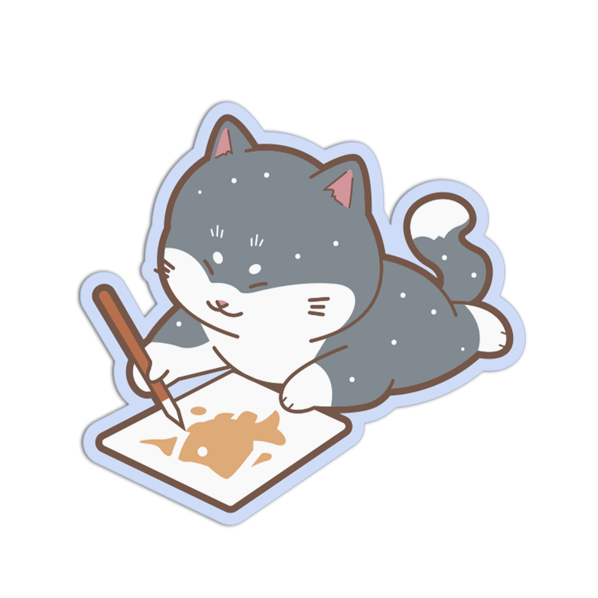 Illustration of a cat-like creature drawing a fish with a brush on a white background