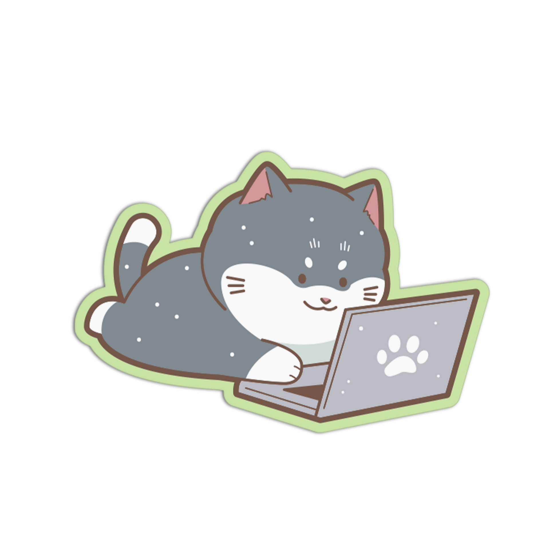 Illustration of a cat using a laptop with a paw print on the screen, on a white background.
