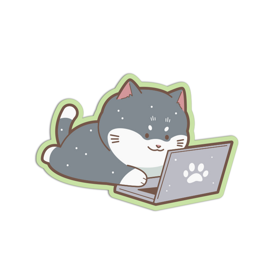 Illustration of a cat using a laptop with a paw print on the screen, on a white background.
