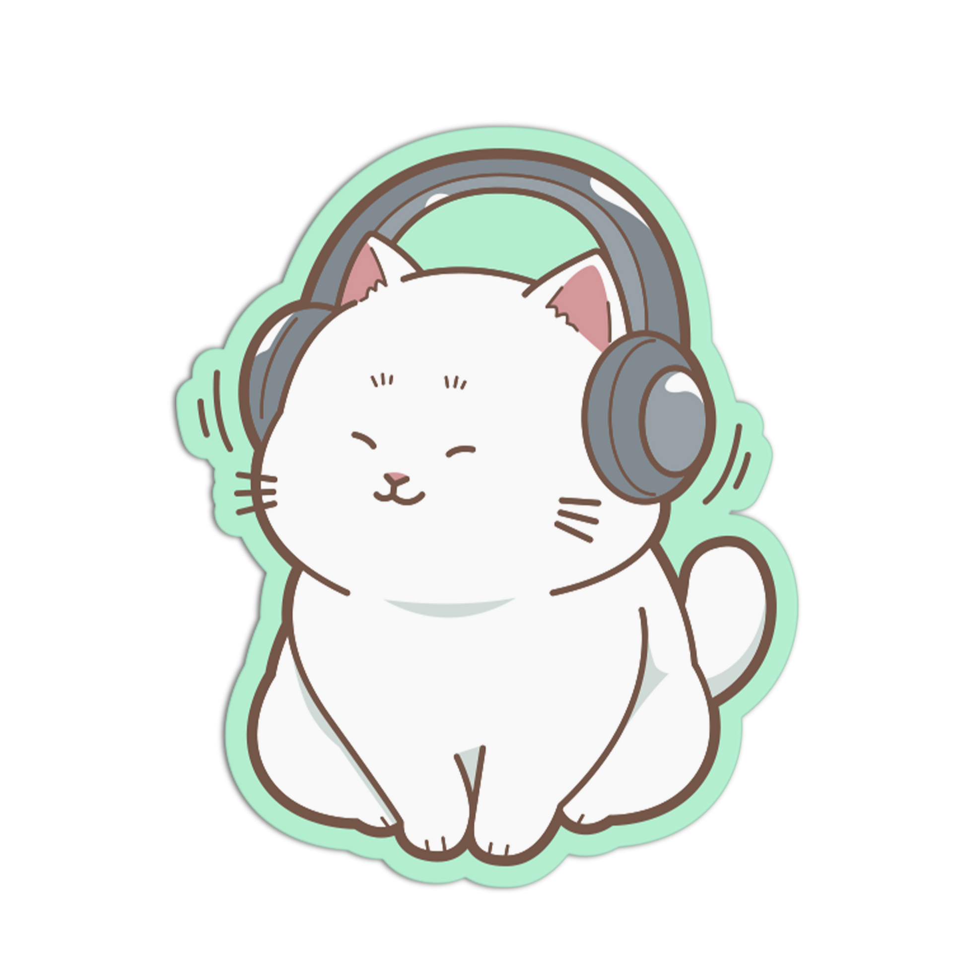 Sticker of a white cat wearing headphones on a light green background