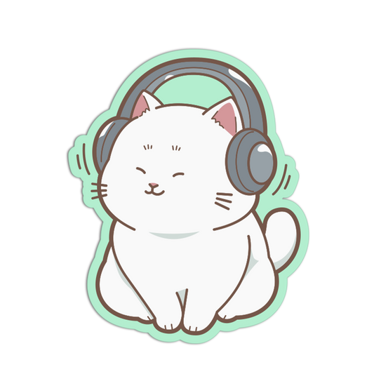 Sticker of a white cat wearing headphones on a light green background
