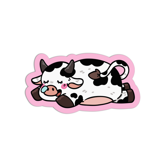 Cartoon cow with pink accents on a white background