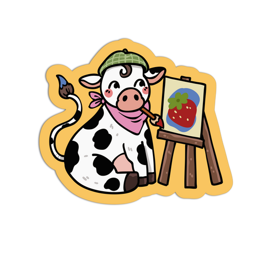 Cartoon cow painting a strawberry on an easel with a yellow border