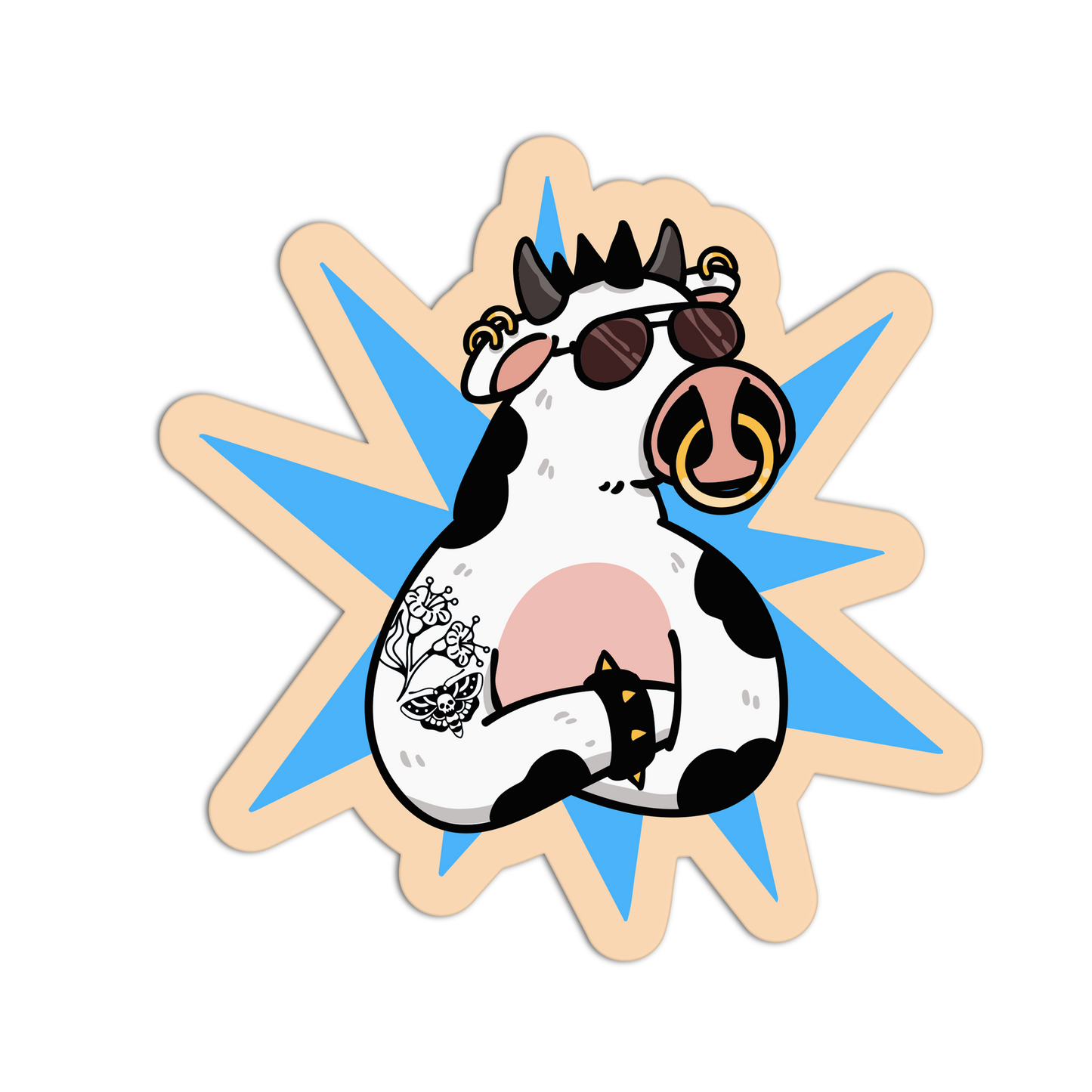 Cartoon cow with sunglasses and star-shaped frame on a white background