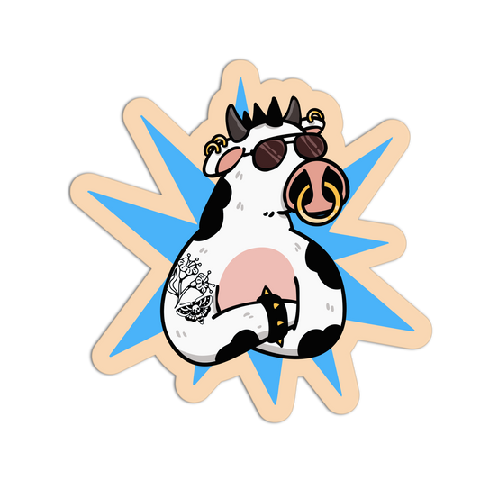 Cartoon cow with sunglasses and star-shaped frame on a white background