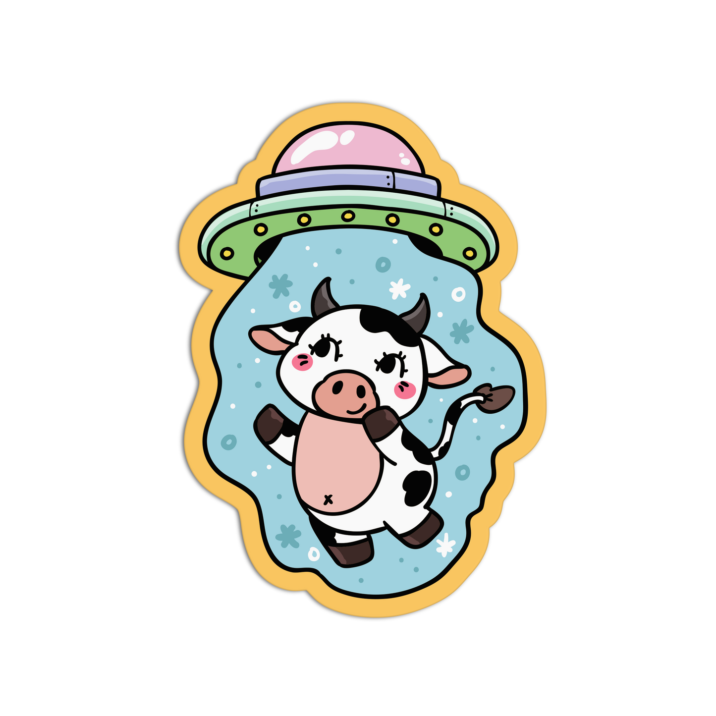 Cartoon cow with a UFO above it on a white background