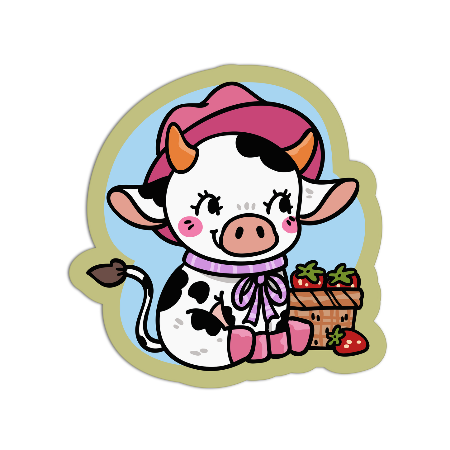 Cartoon cow with a pink hat and basket of strawberries on a white background