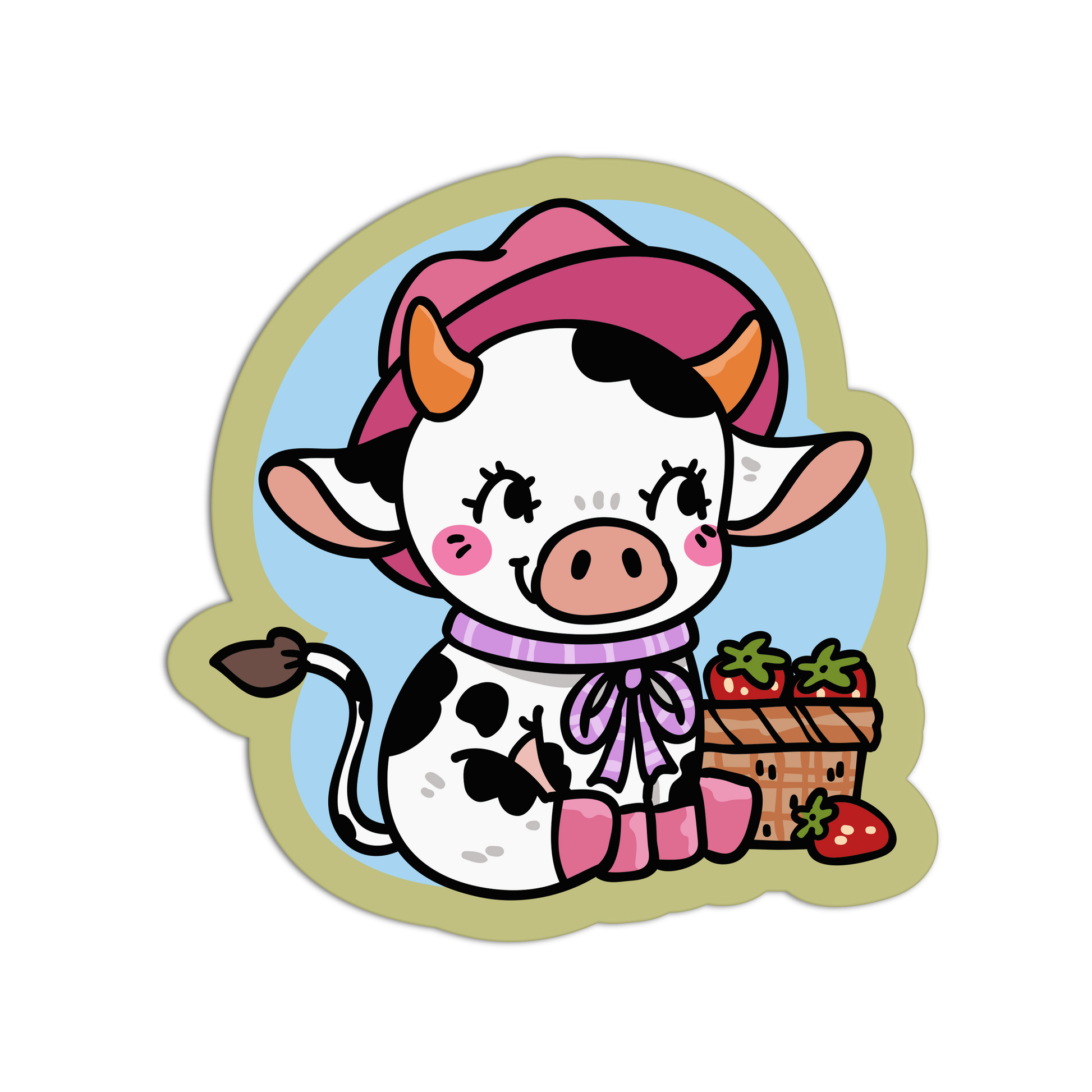 Cartoon cow with a pink hat and basket of strawberries on a white background