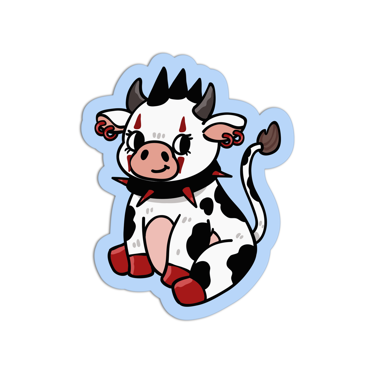 Cartoon cow with red shoes on a white background