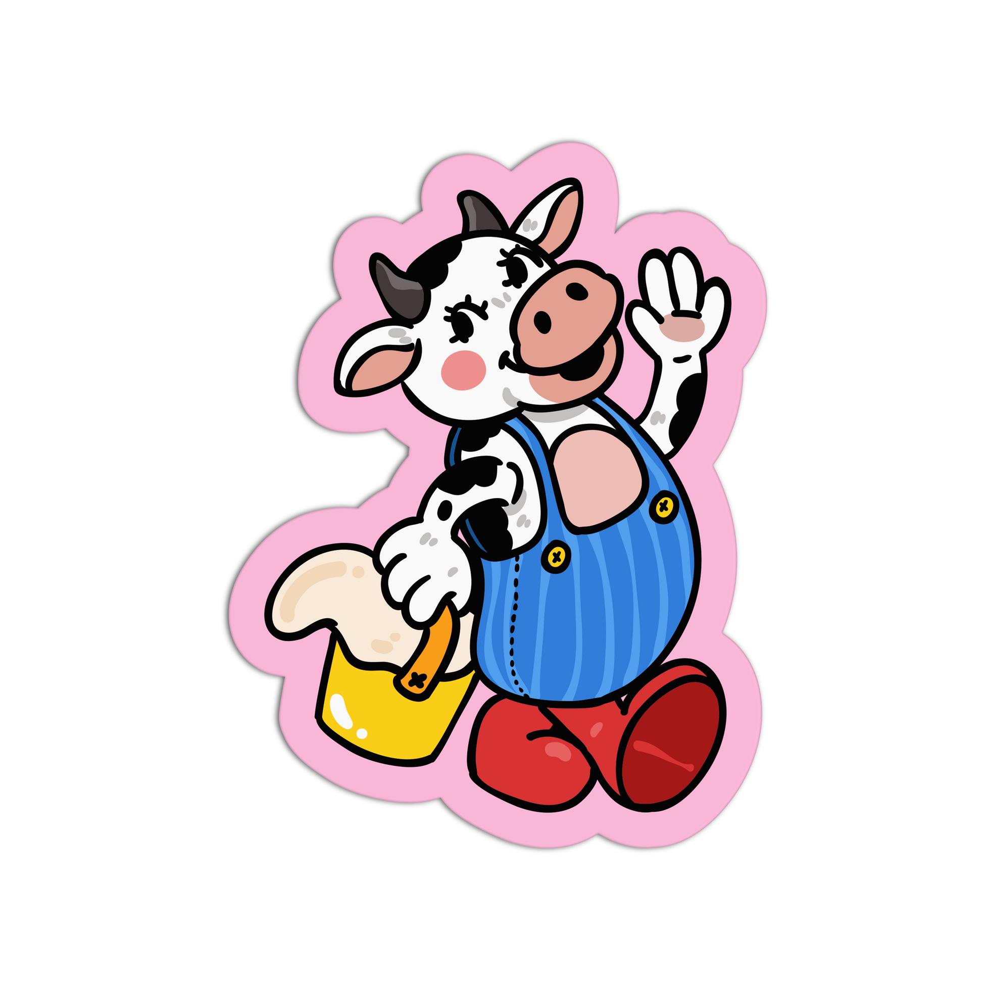 Cartoon cow character in overalls holding a bucket on a white background