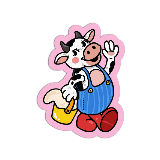 Cartoon cow character in overalls holding a bucket on a white background
